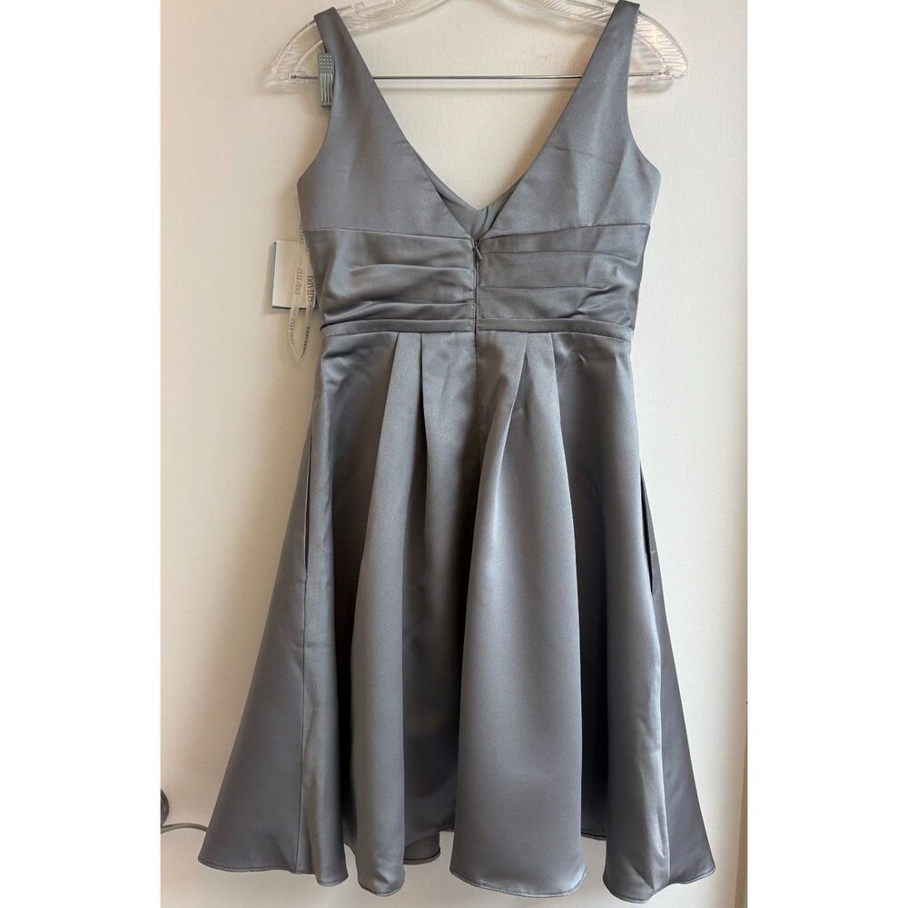 NWT David's Bridal Gray Satin Pleated Cocktail Dress Pockets 2 Mercury Formal - Picture 6 of 9
